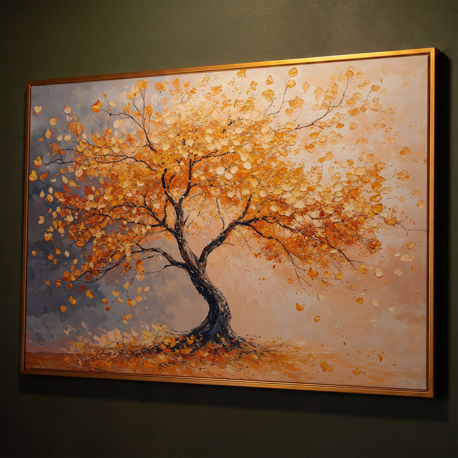 Autumn Tree with Golden Leaves Canvas shown in antique gold floating frame