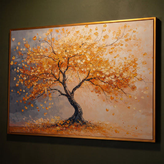 Autumn Tree with Golden Leaves Canvas shown in antique gold floating frame