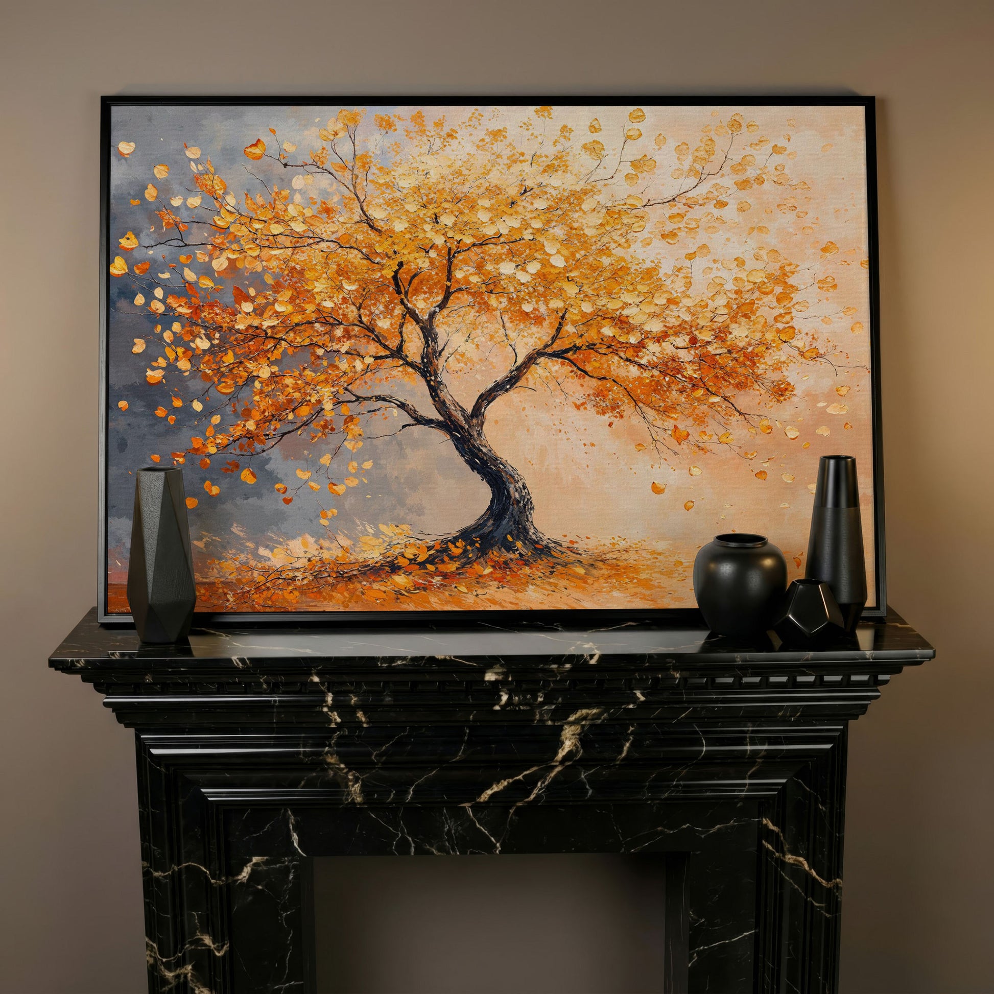 Autumn Tree with Golden Leaves Canvas in black floating frame