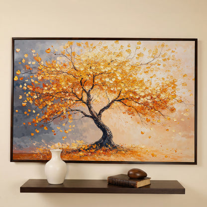 Autumn Tree with Golden Leaves Canvas in dark walnut floating frame