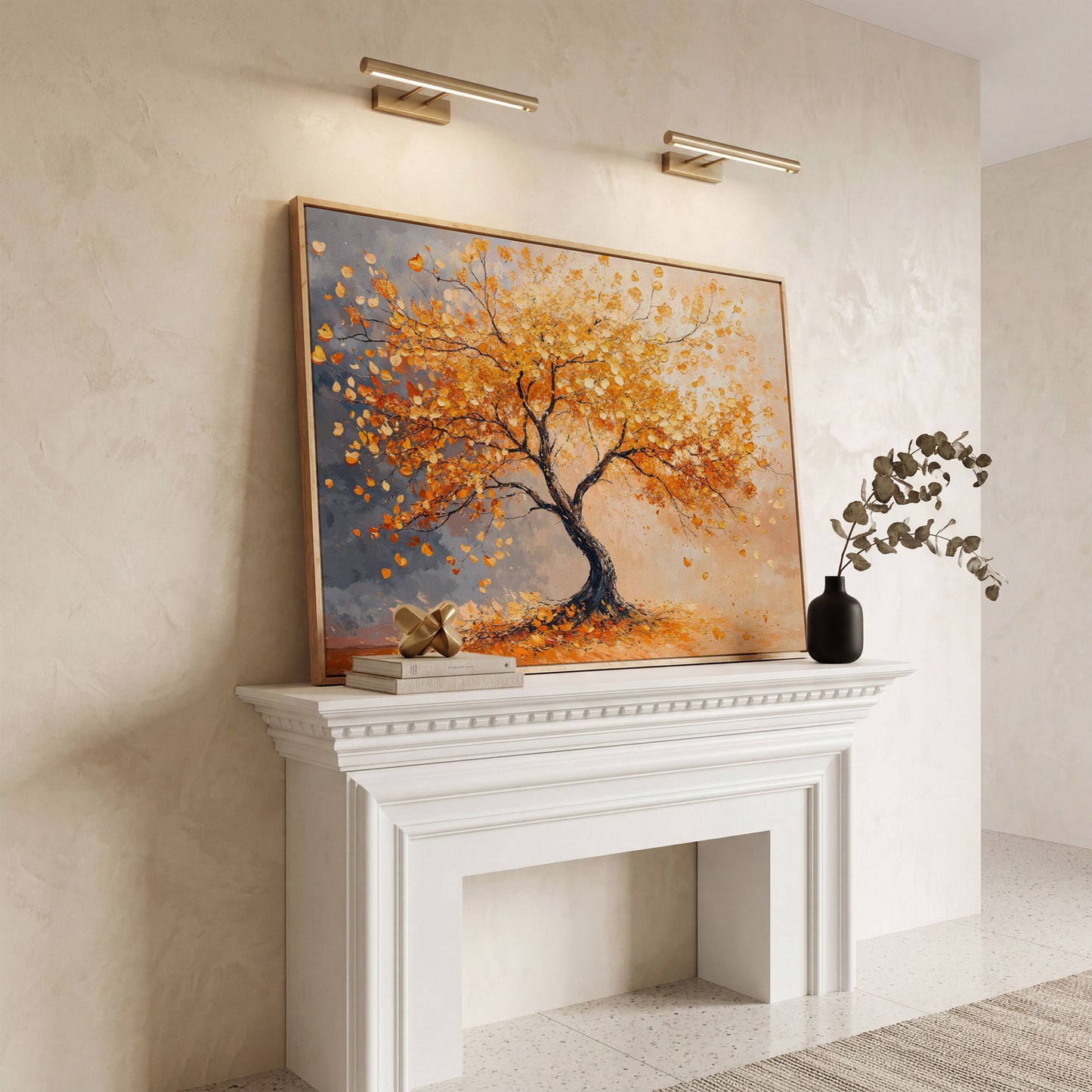 Autumn Tree with Golden Leaves Canvas in white oak floating frame