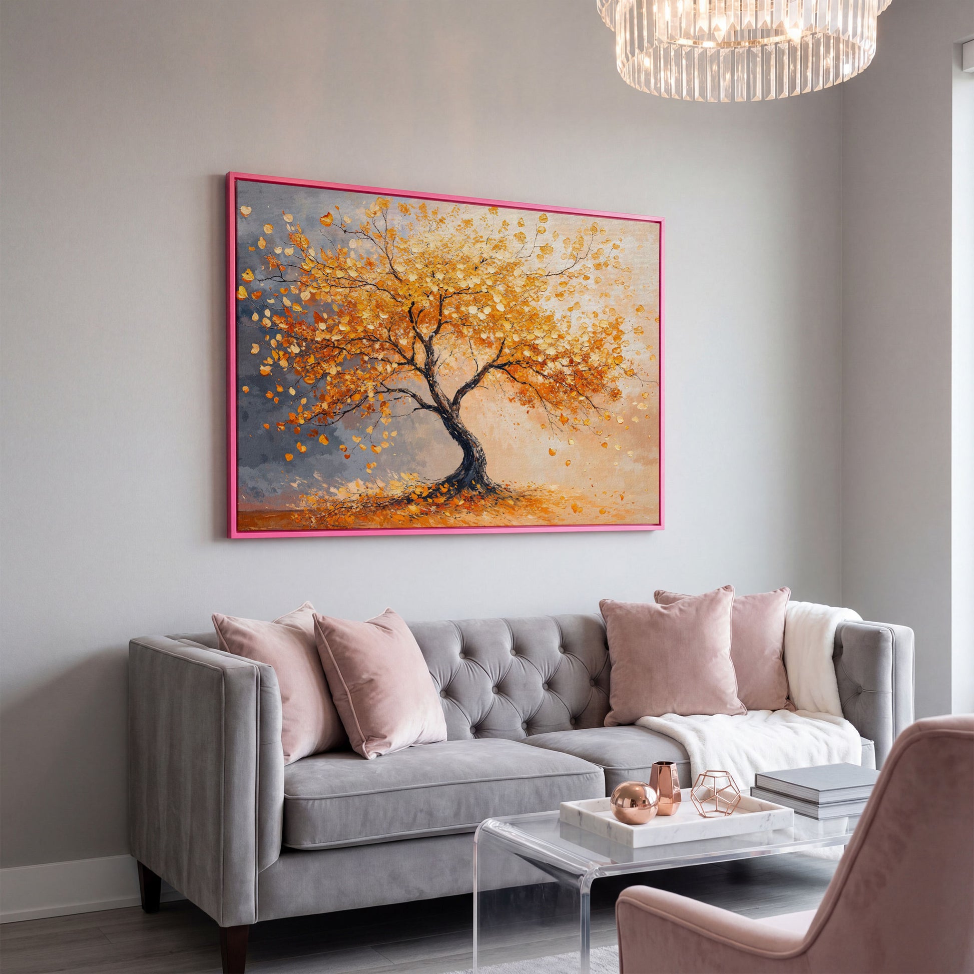 Autumn Tree with Golden Leaves Canvas in pink floating frame