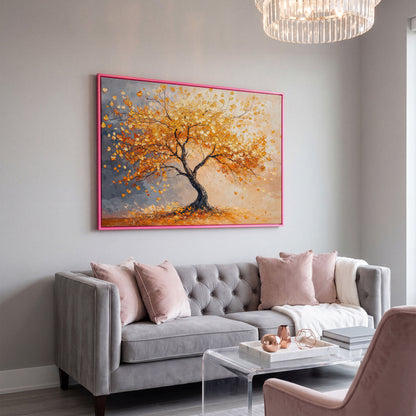 Autumn Tree with Golden Leaves Canvas in pink floating frame