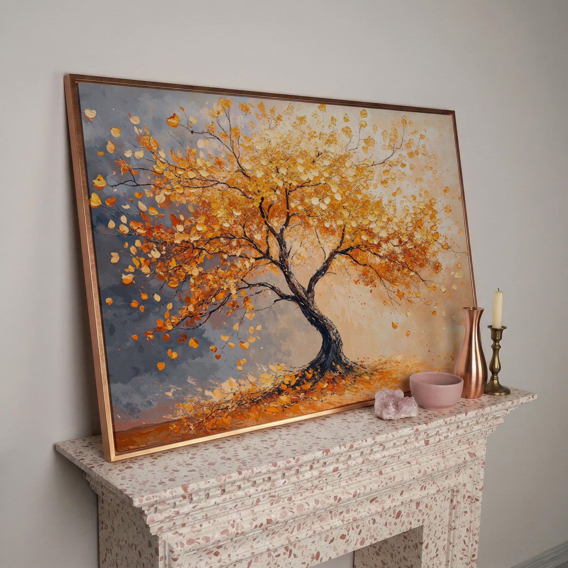 Autumn Tree with Golden Leaves Canvas in rose gold floating frame