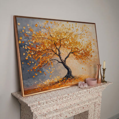 Autumn Tree with Golden Leaves Canvas in rose gold floating frame
