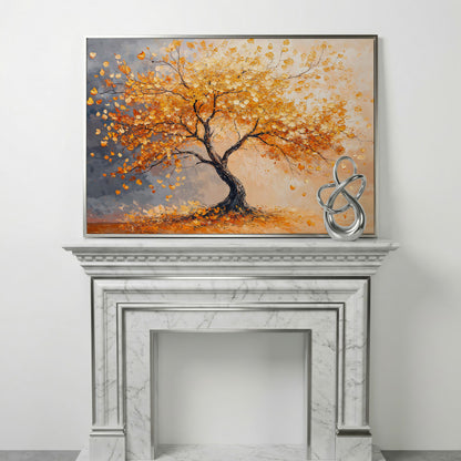 Autumn Tree with Golden Leaves Canvas in silver floating frame