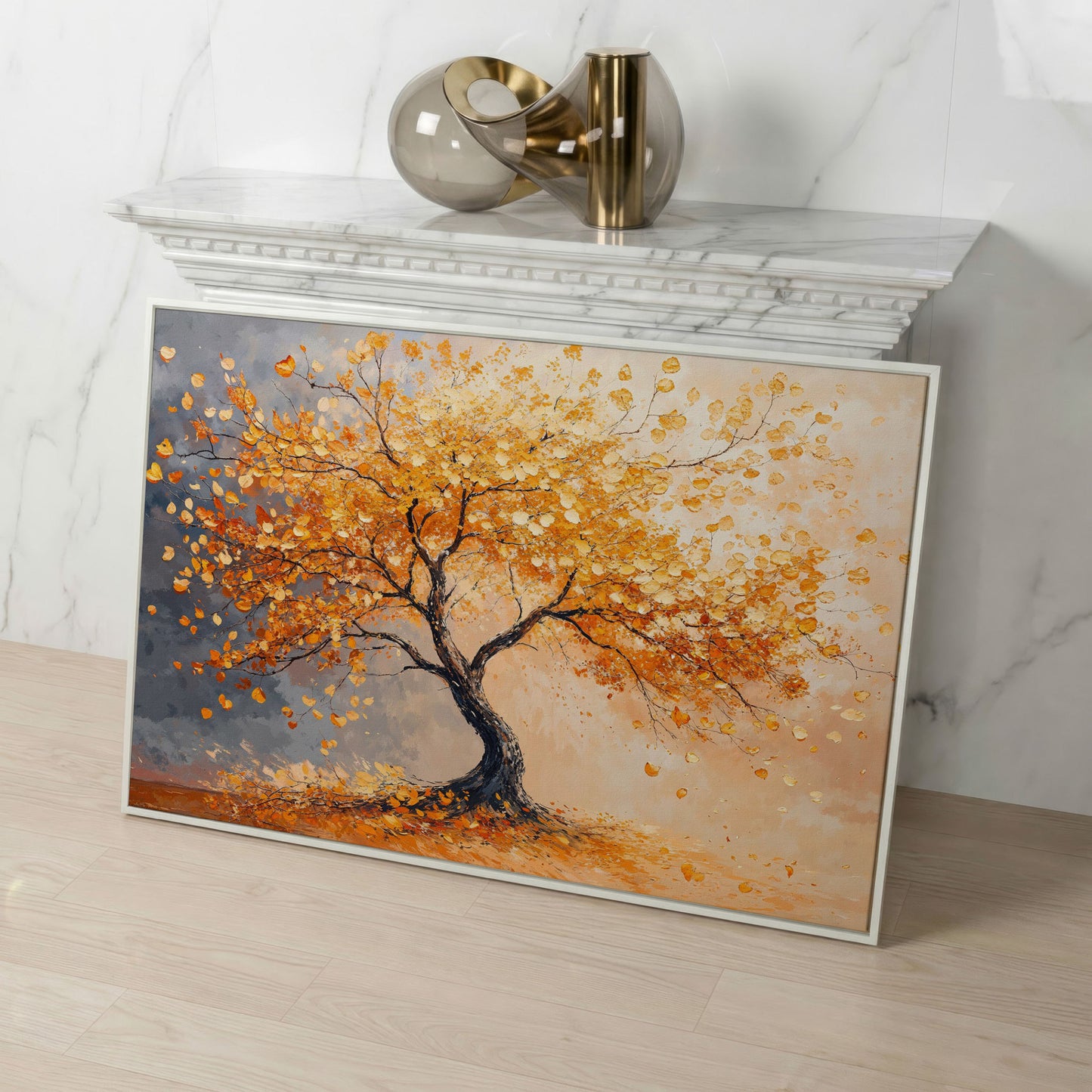 Autumn Tree with Golden Leaves Canvas in white floating frame