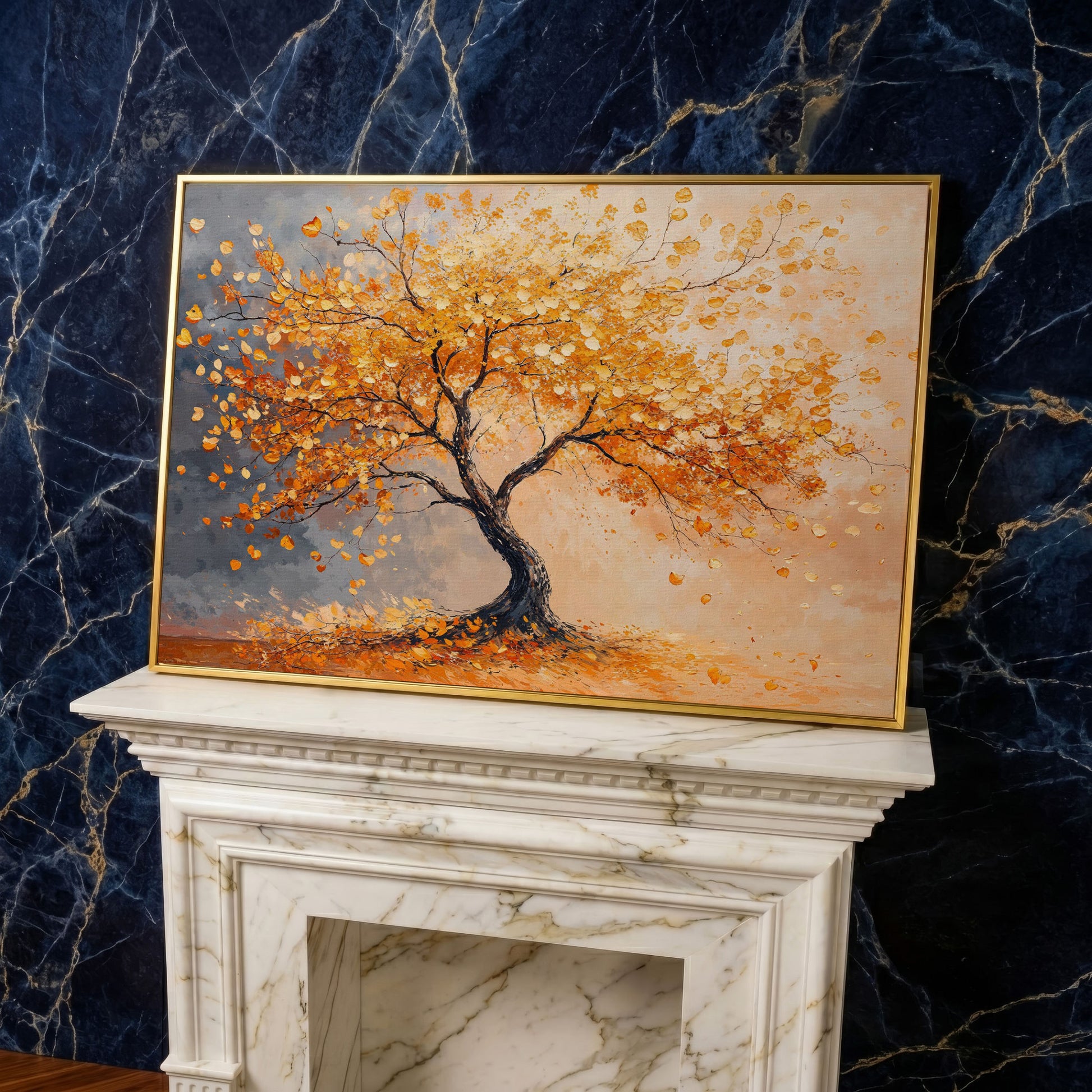 Autumn Tree with Golden Leaves Canvas in yellow gold floating frame