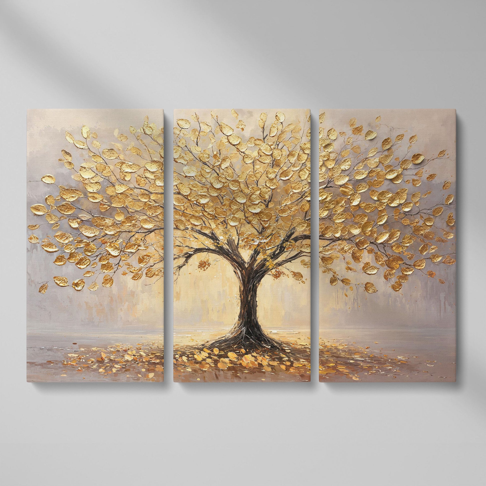 Golden Tree Canvas Print with Elegant Leaves as 3-panel split version