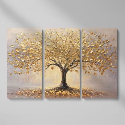 Golden Tree Canvas Print with Elegant Leaves as 3-panel split version