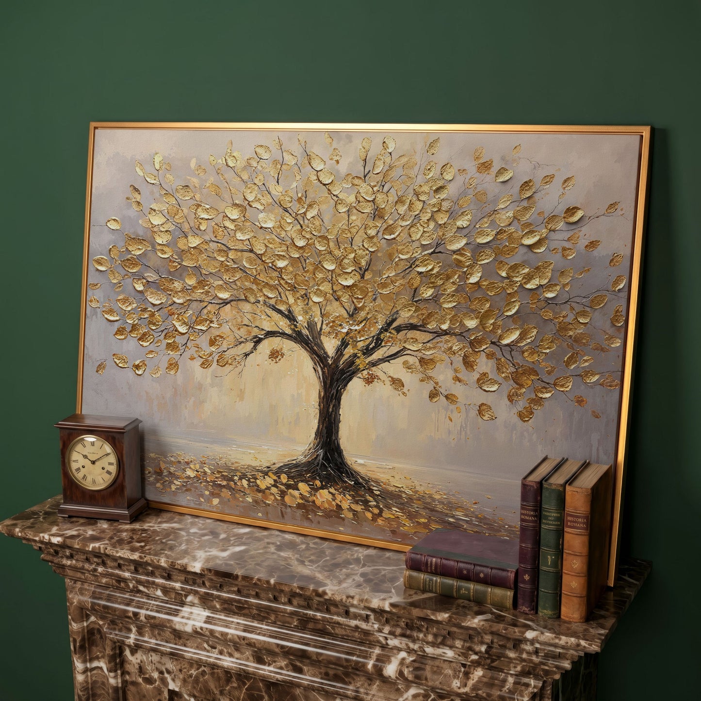 Golden Tree Canvas Print with Elegant Leaves in antique gold floating frame