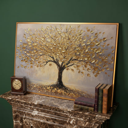 Golden Tree Canvas Print with Elegant Leaves in antique gold floating frame