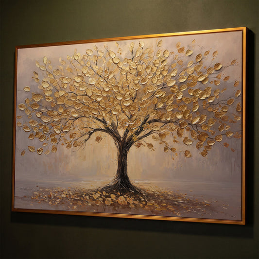 Golden Tree Canvas Print with Elegant Leaves shown in antique gold floating frame