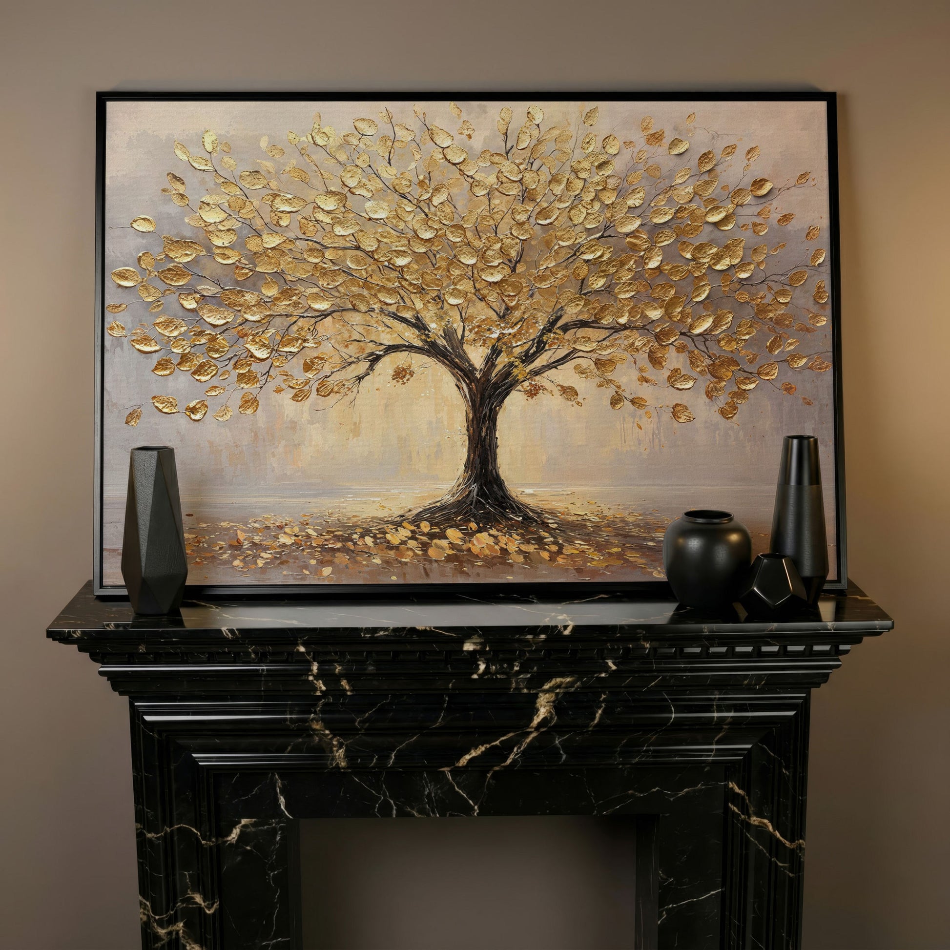 Golden Tree Canvas Print with Elegant Leaves in black floating frame