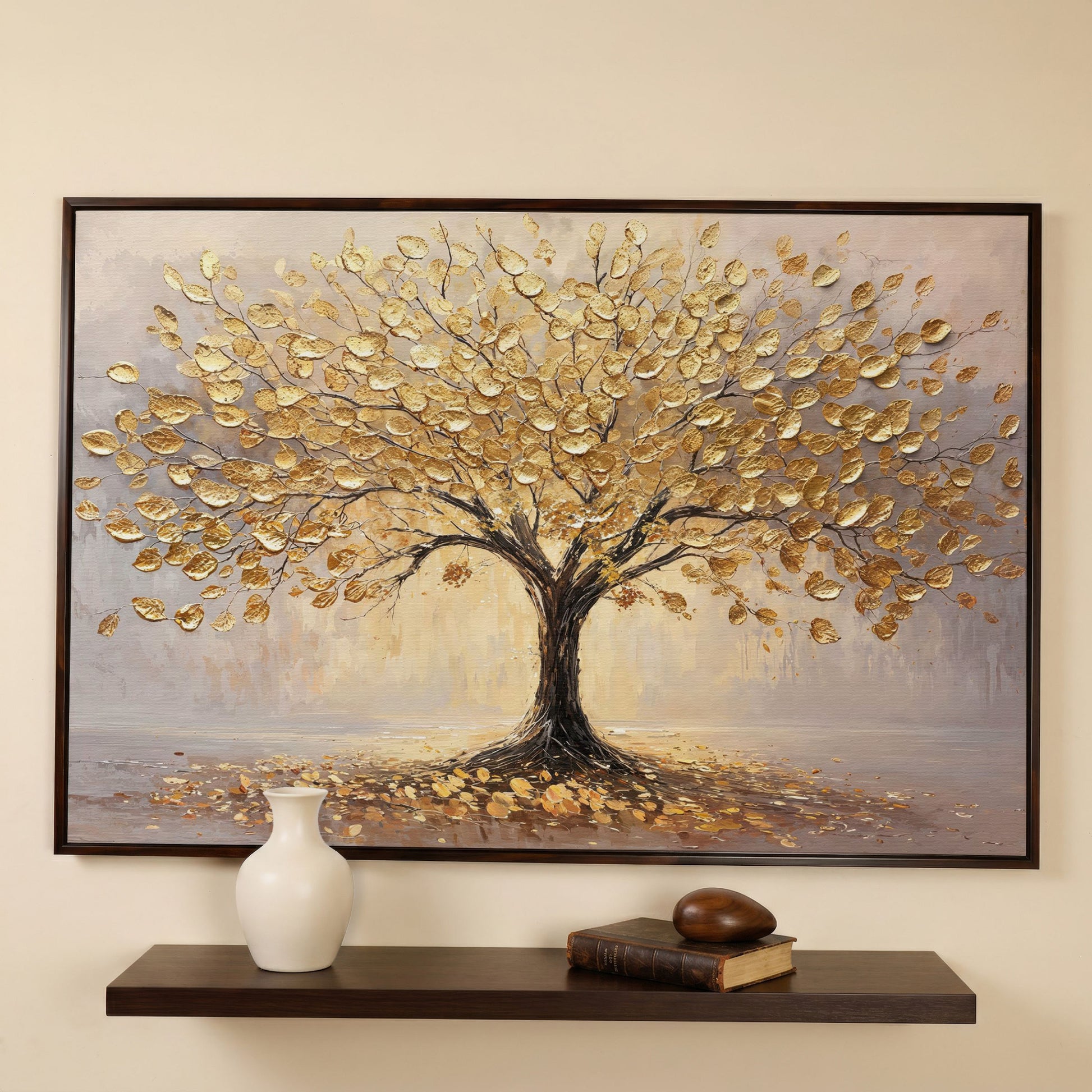 Golden Tree Canvas Print with Elegant Leaves in dark walnut floating frame