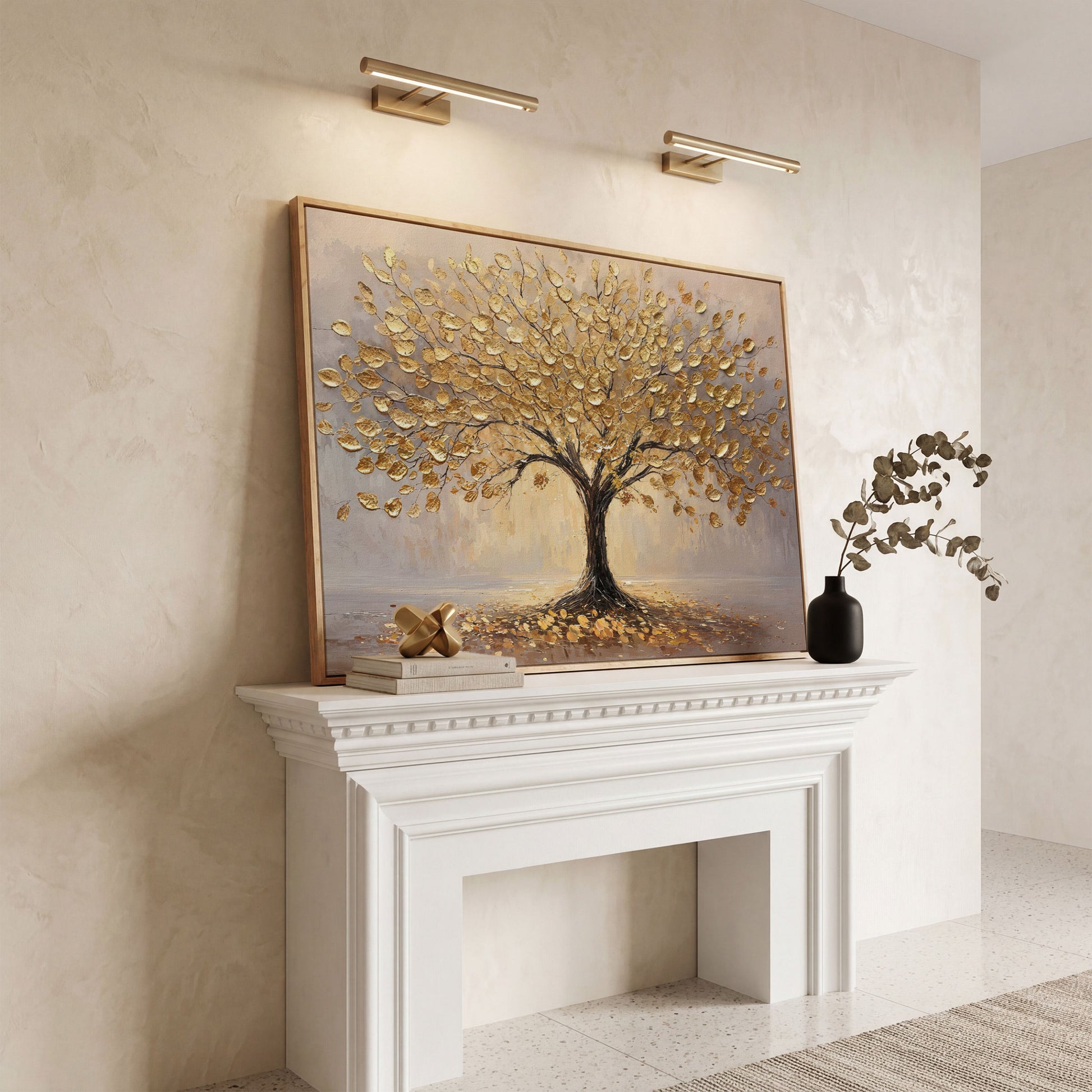 Golden Tree Canvas Print with Elegant Leaves in white oak floating frame