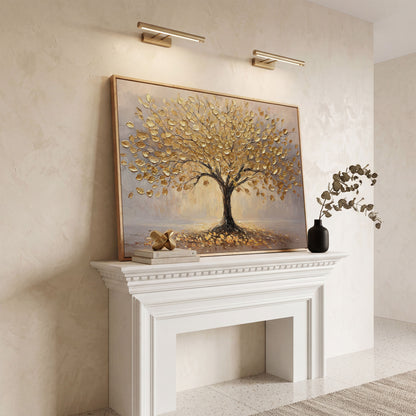 Golden Tree Canvas Print with Elegant Leaves in white oak floating frame