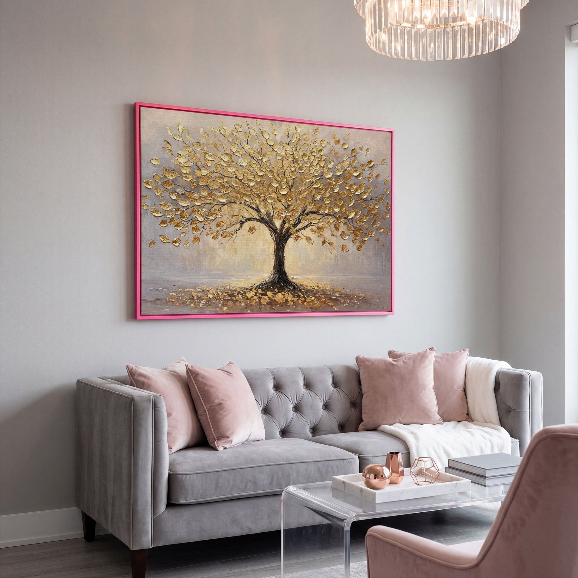 Golden Tree Canvas Print with Elegant Leaves in pink floating frame