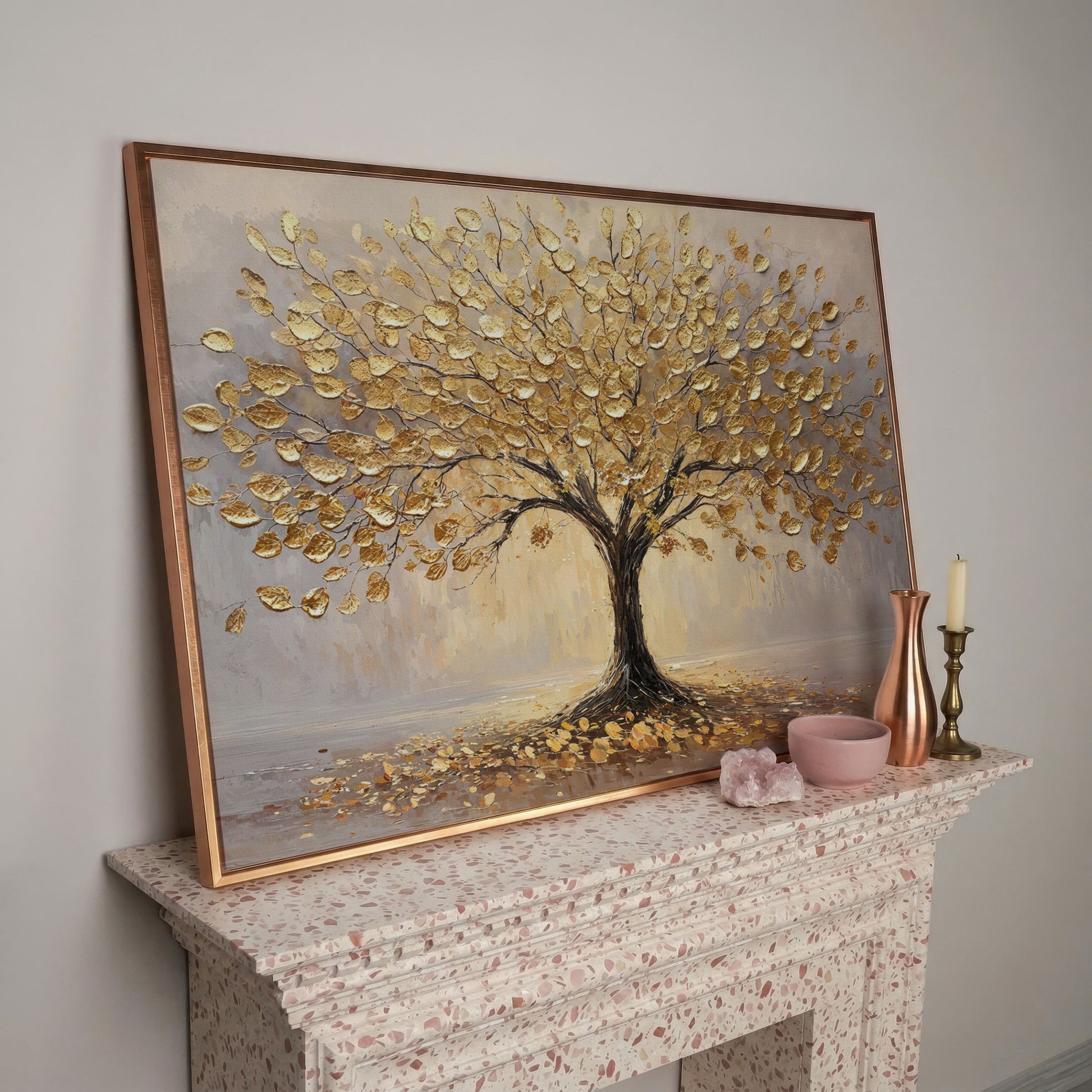 Golden Tree Canvas Print with Elegant Leaves in rose gold floating frame