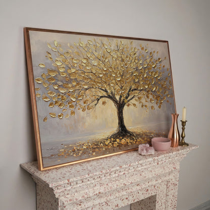 Golden Tree Canvas Print with Elegant Leaves in rose gold floating frame