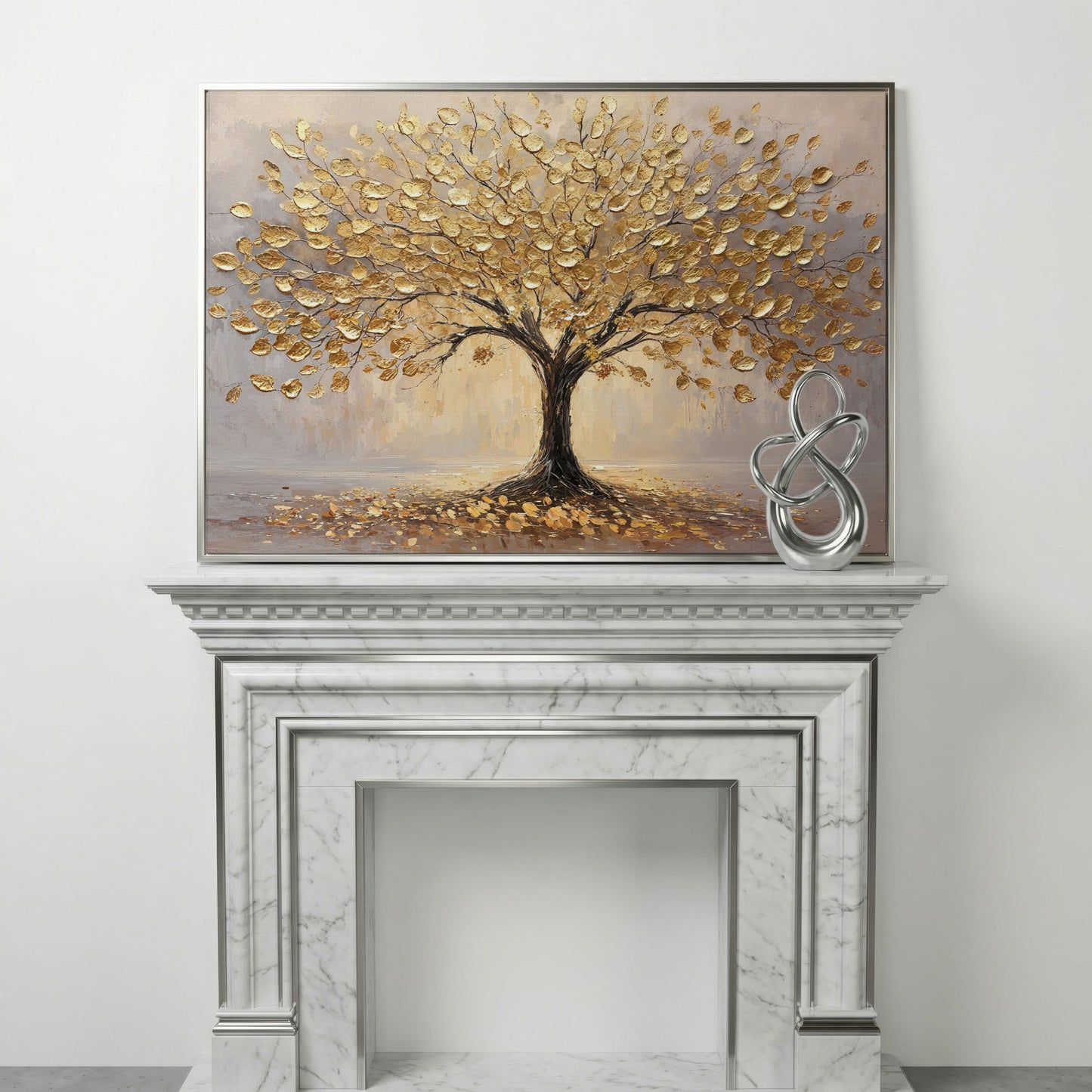 Golden Tree Canvas Print with Elegant Leaves in silver floating frame