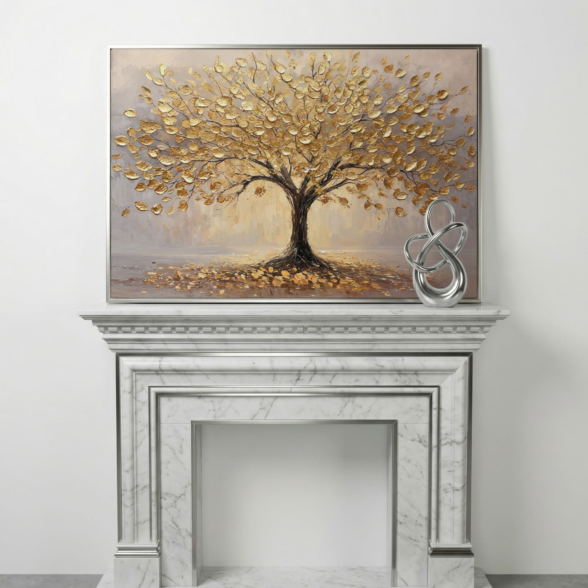 Golden Tree Canvas Print with Elegant Leaves in silver floating frame