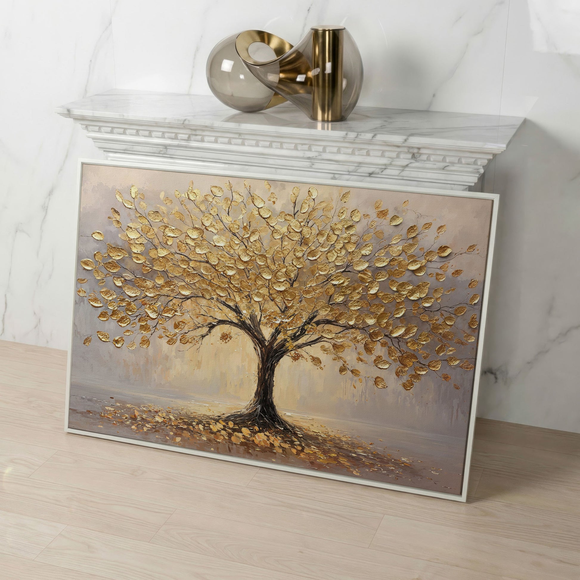 Golden Tree Canvas Print with Elegant Leaves in white floating frame