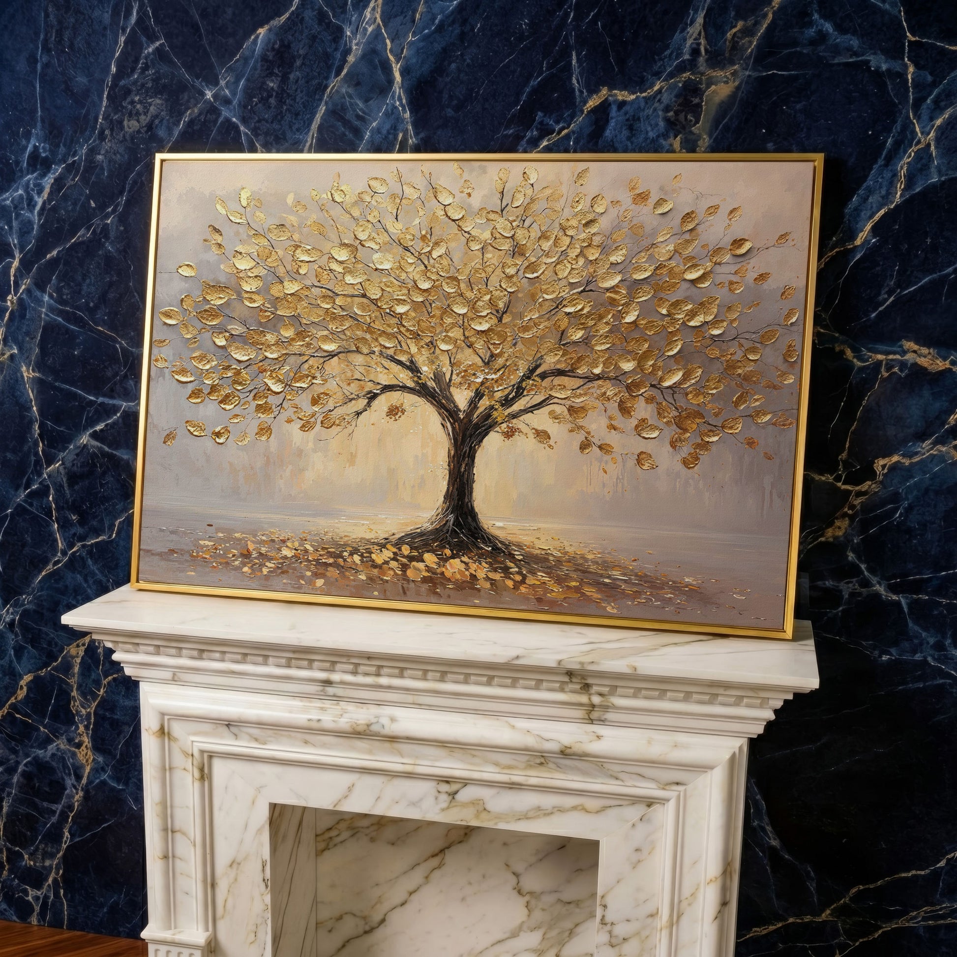 Golden Tree Canvas Print with Elegant Leaves in yellow gold floating frame