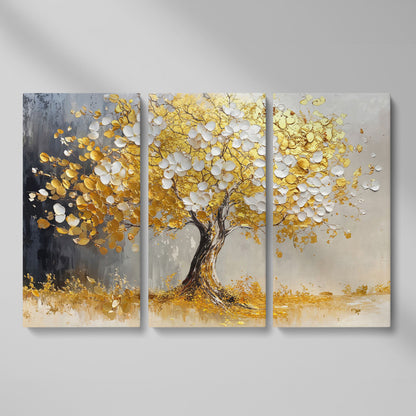 Gold and White Leaf Tree Canvas as 3-panel split version