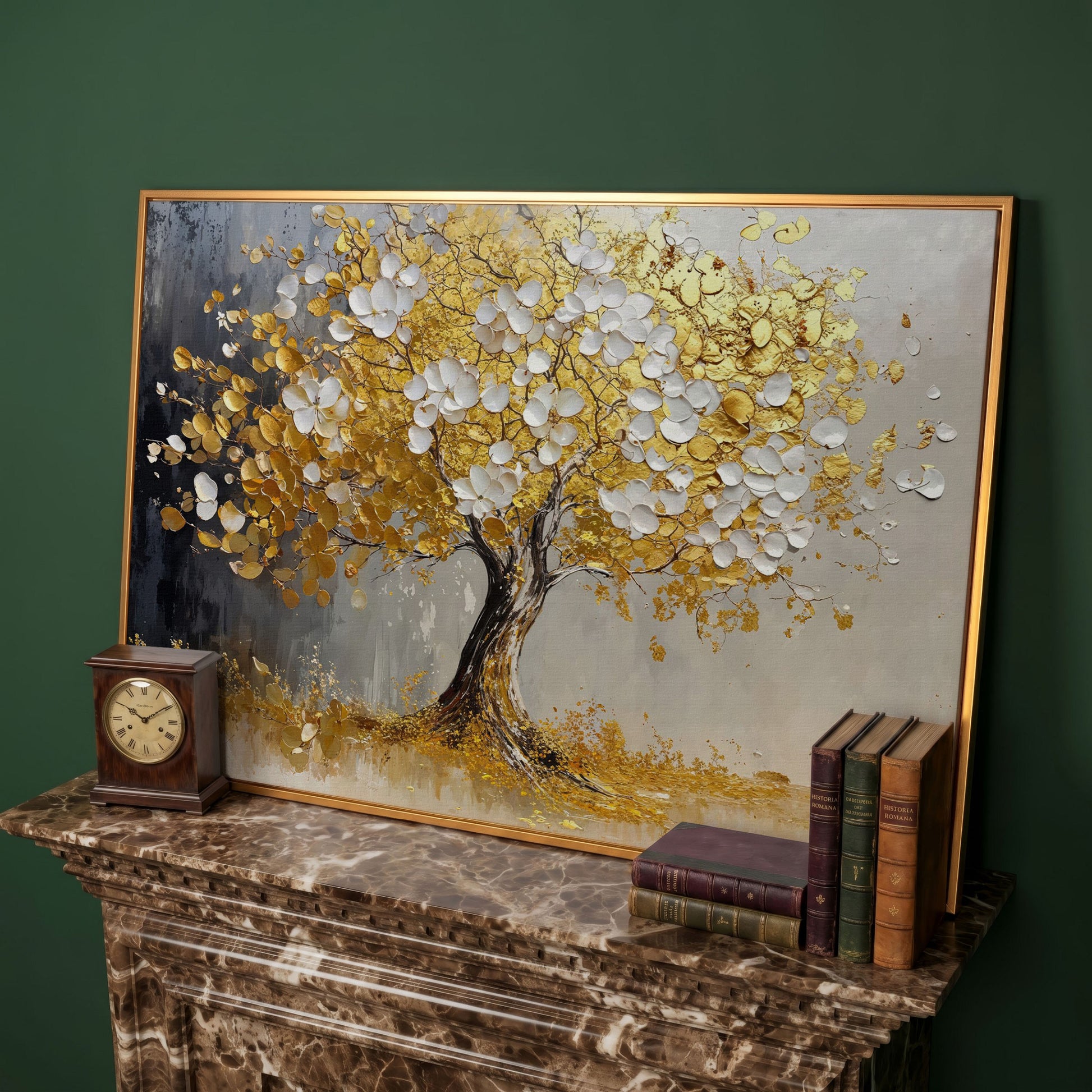 Gold and White Leaf Tree Canvas in antique gold floating frame