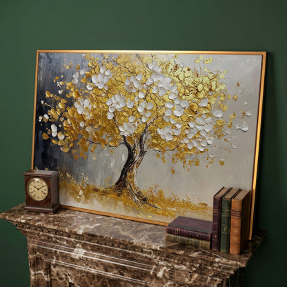 Gold and White Leaf Tree Canvas in antique gold floating frame