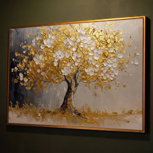 Gold and White Leaf Tree Canvas shown in antique gold floating frame