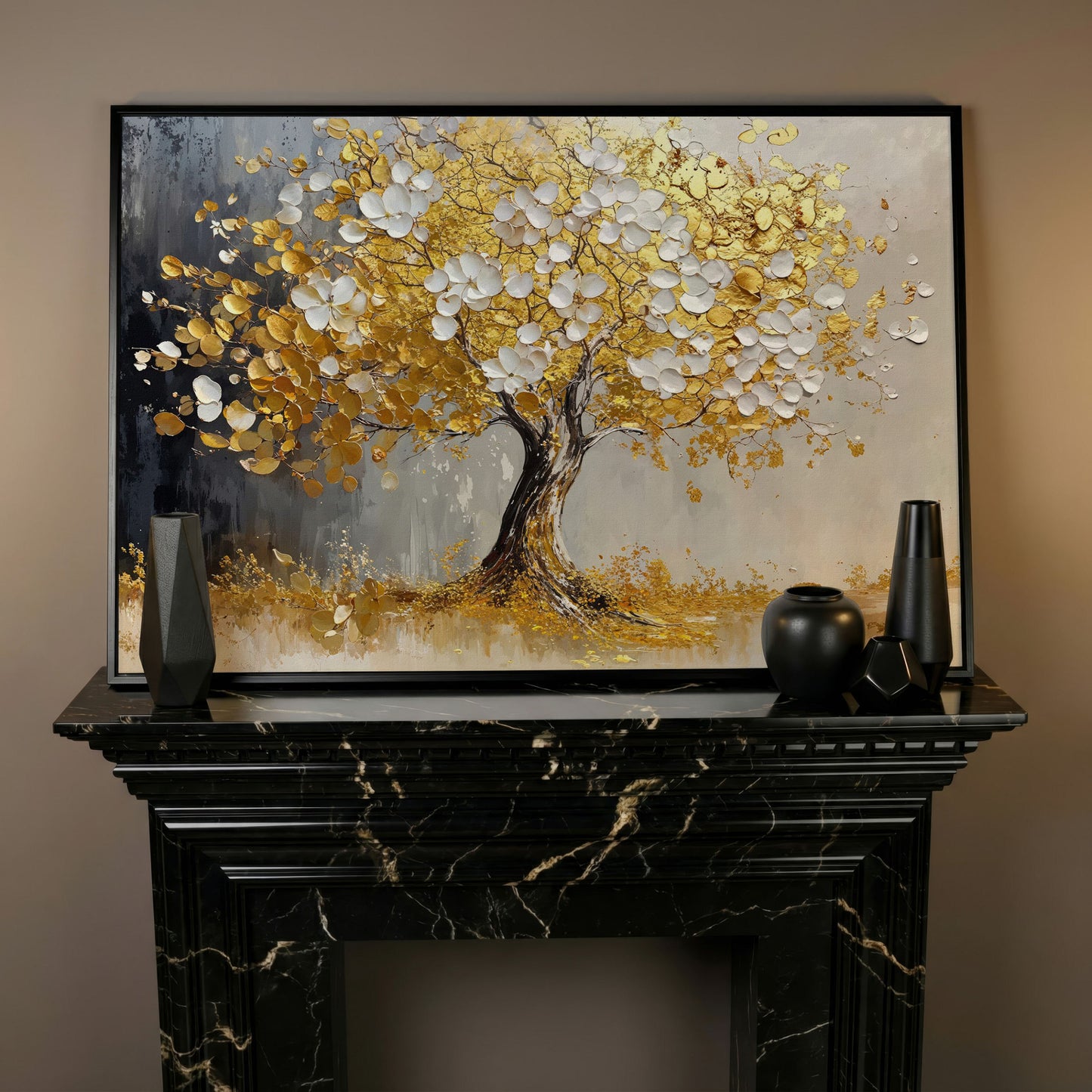 Gold and White Leaf Tree Canvas in black floating frame