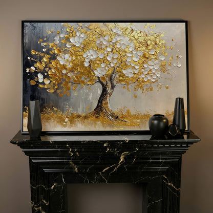 Gold and White Leaf Tree Canvas in black floating frame