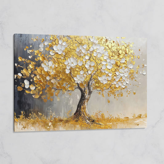 Gold and White Leaf Tree Canvas on gallery wrap