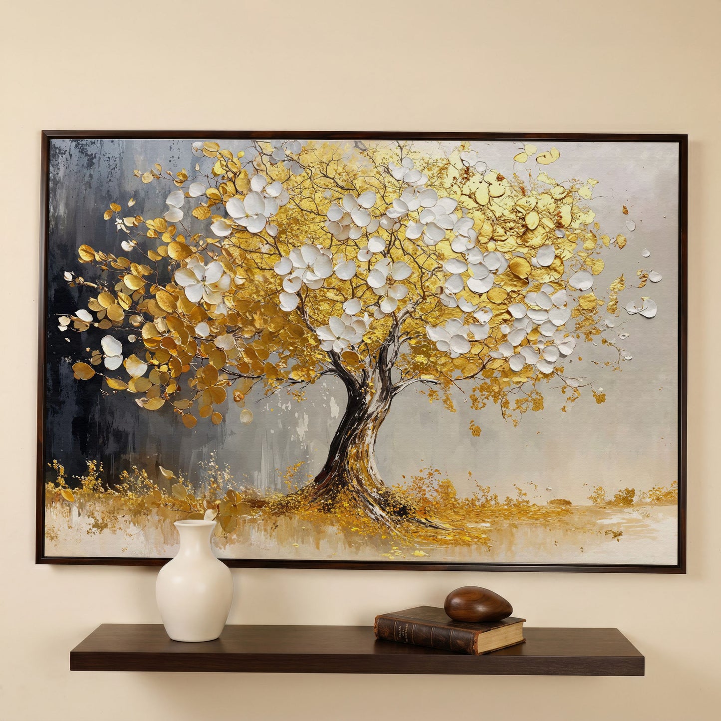 Gold and White Leaf Tree Canvas in dark walnut floating frame
