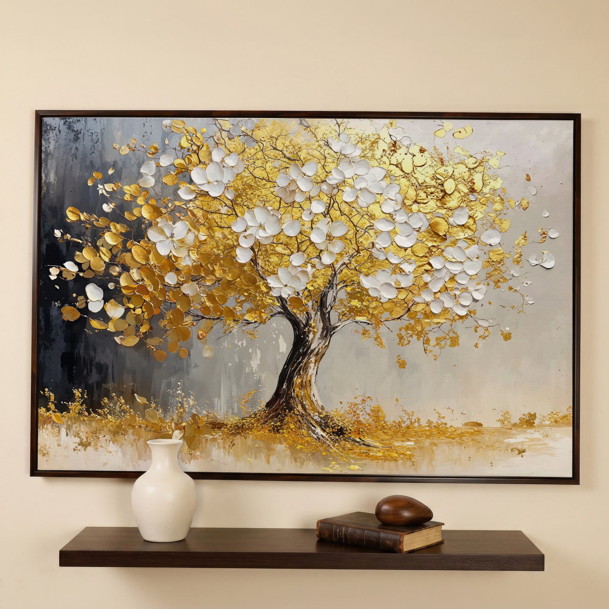 Gold and White Leaf Tree Canvas in dark walnut floating frame