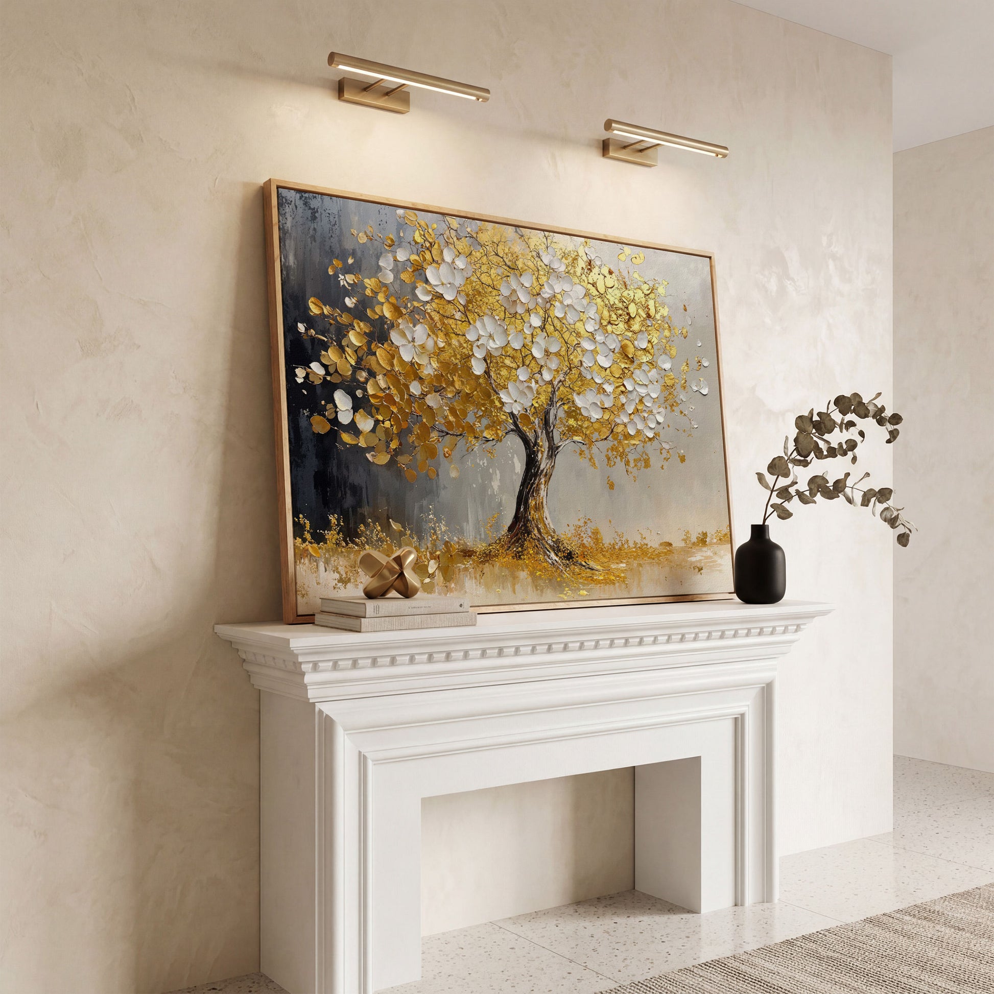 Gold and White Leaf Tree Canvas in white oak floating frame