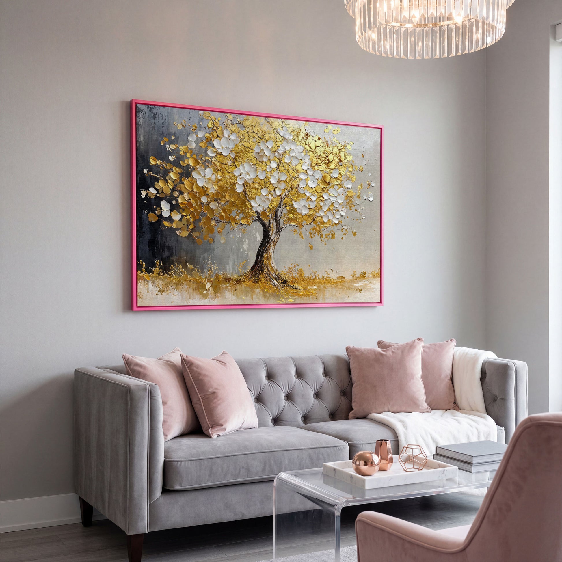 Gold and White Leaf Tree Canvas in pink floating frame