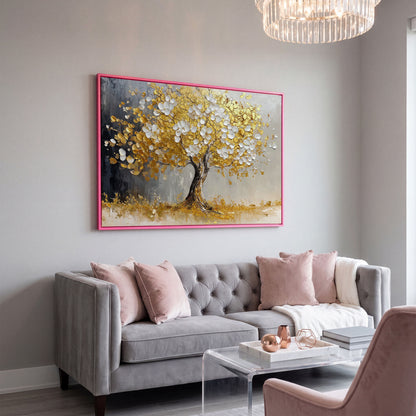Gold and White Leaf Tree Canvas in pink floating frame