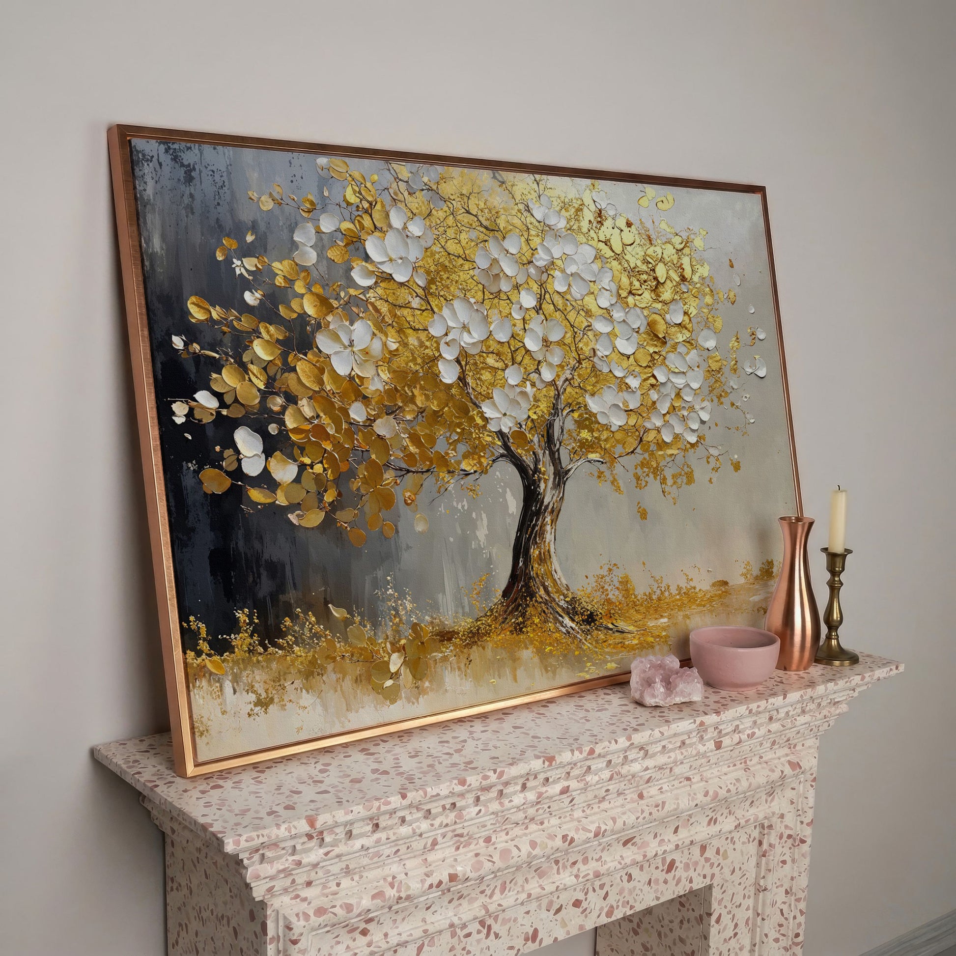 Gold and White Leaf Tree Canvas in rose gold floating frame