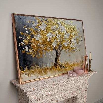 Gold and White Leaf Tree Canvas in rose gold floating frame