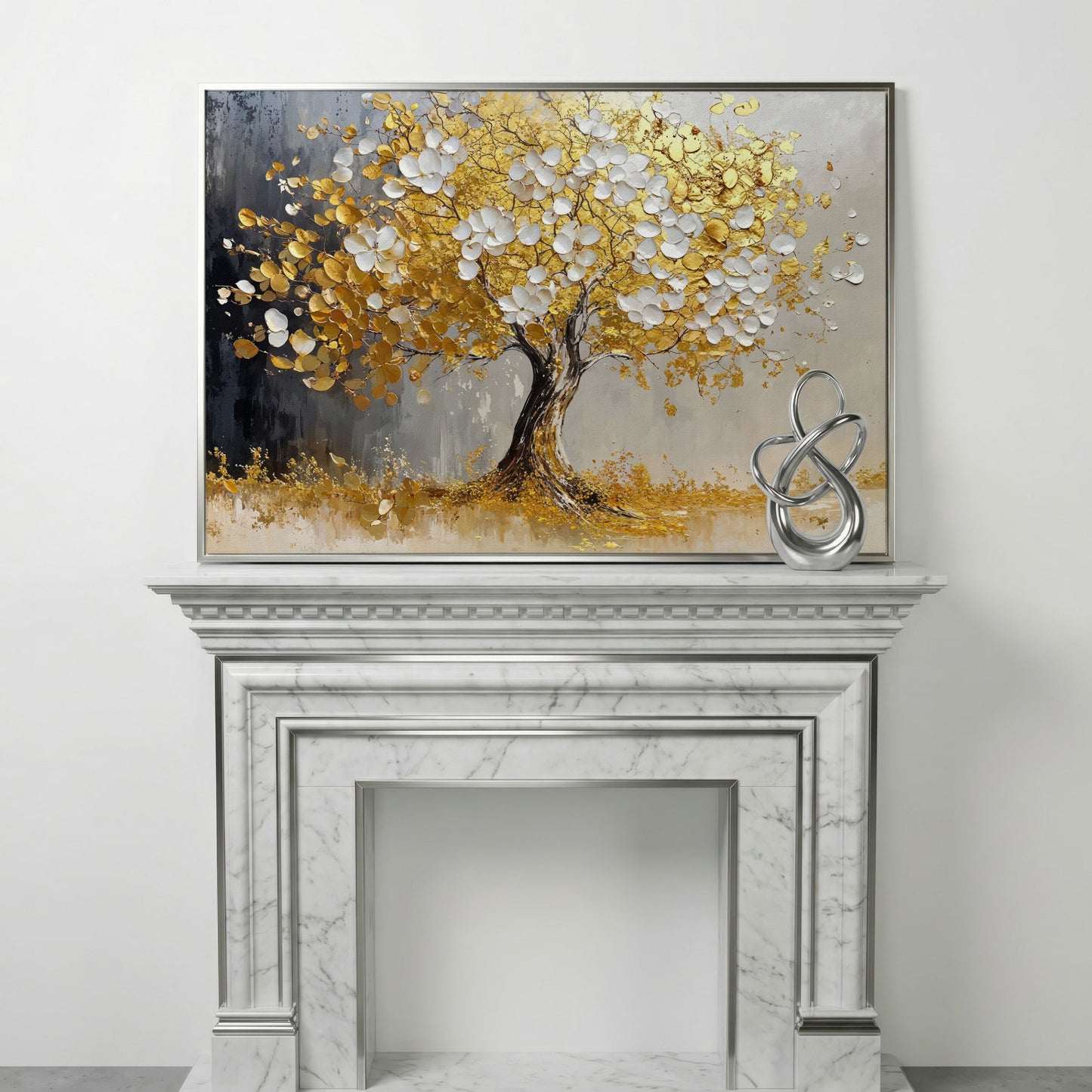 Gold and White Leaf Tree Canvas in silver floating frame