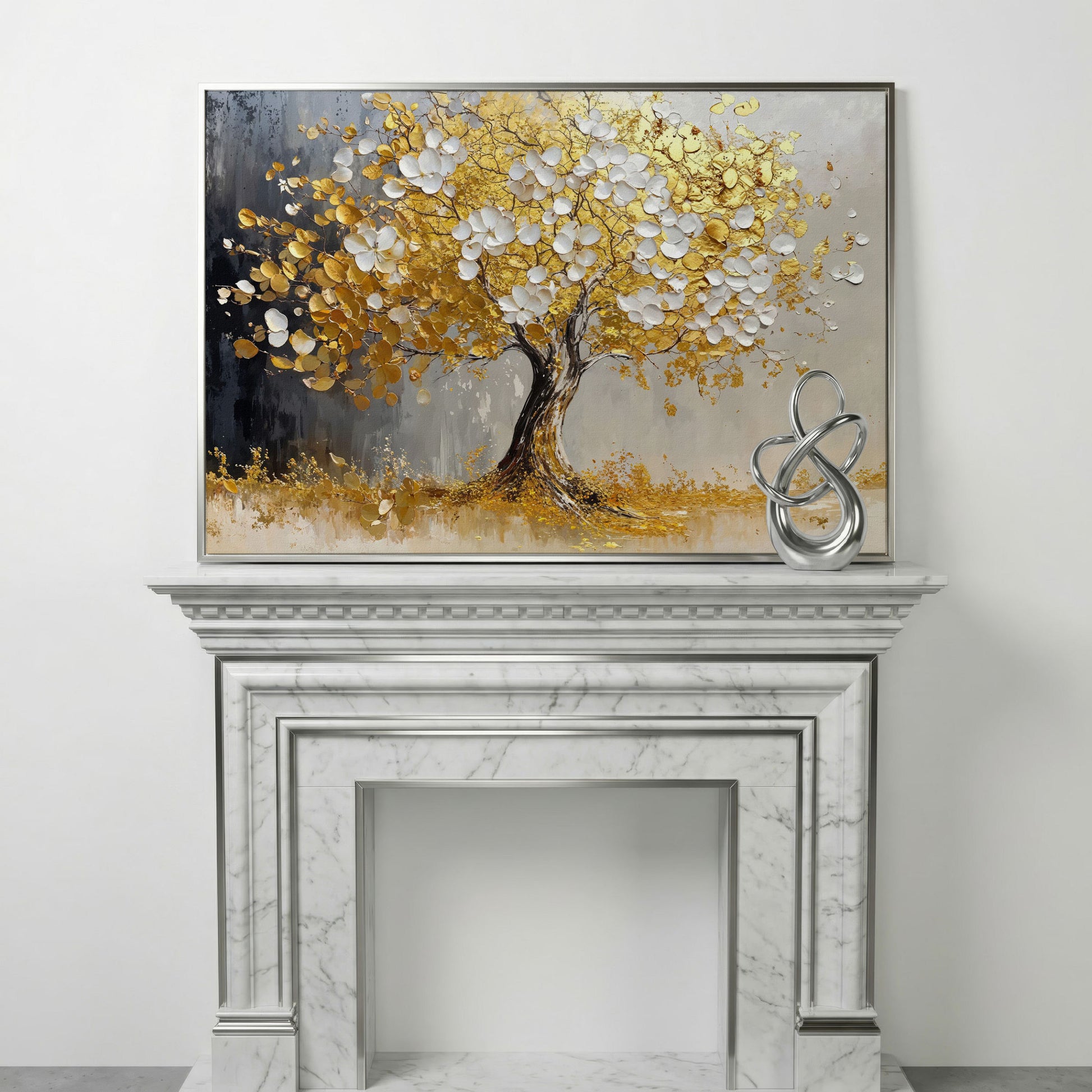 Gold and White Leaf Tree Canvas in silver floating frame