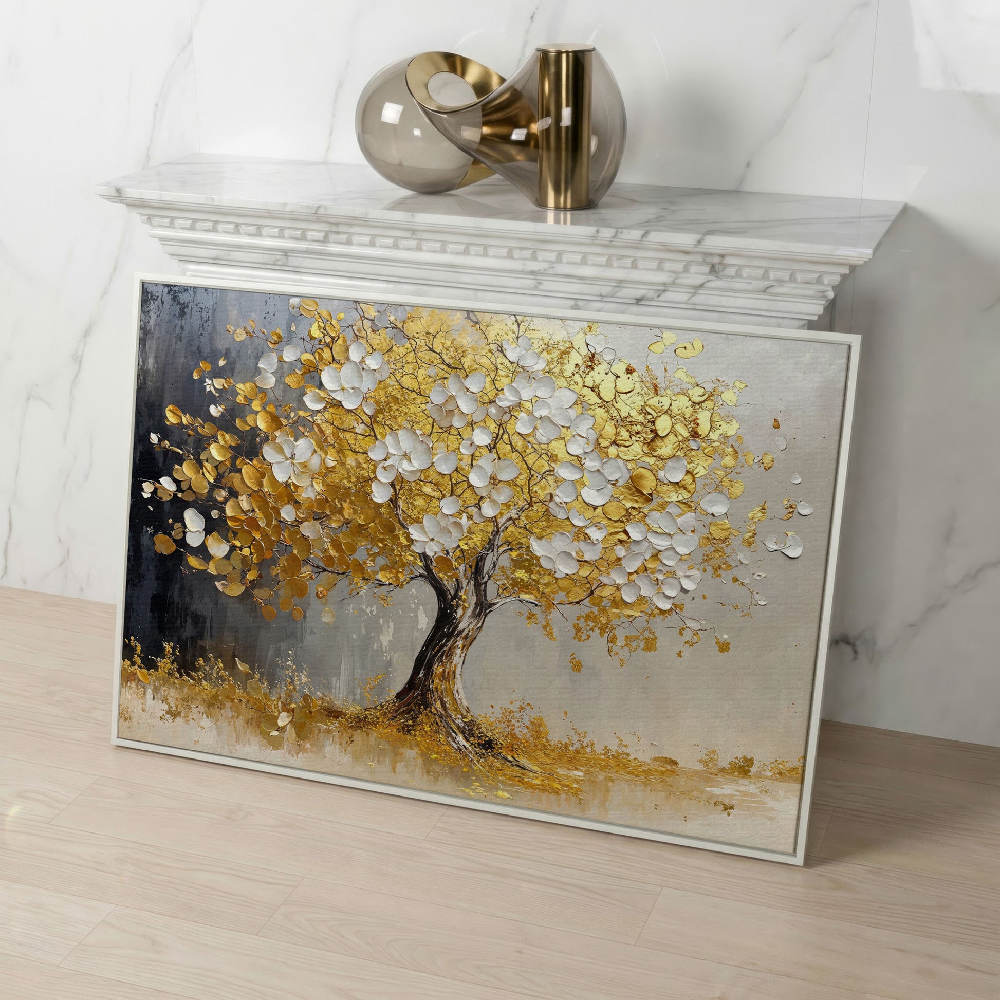 Gold and White Leaf Tree Canvas in white floating frame