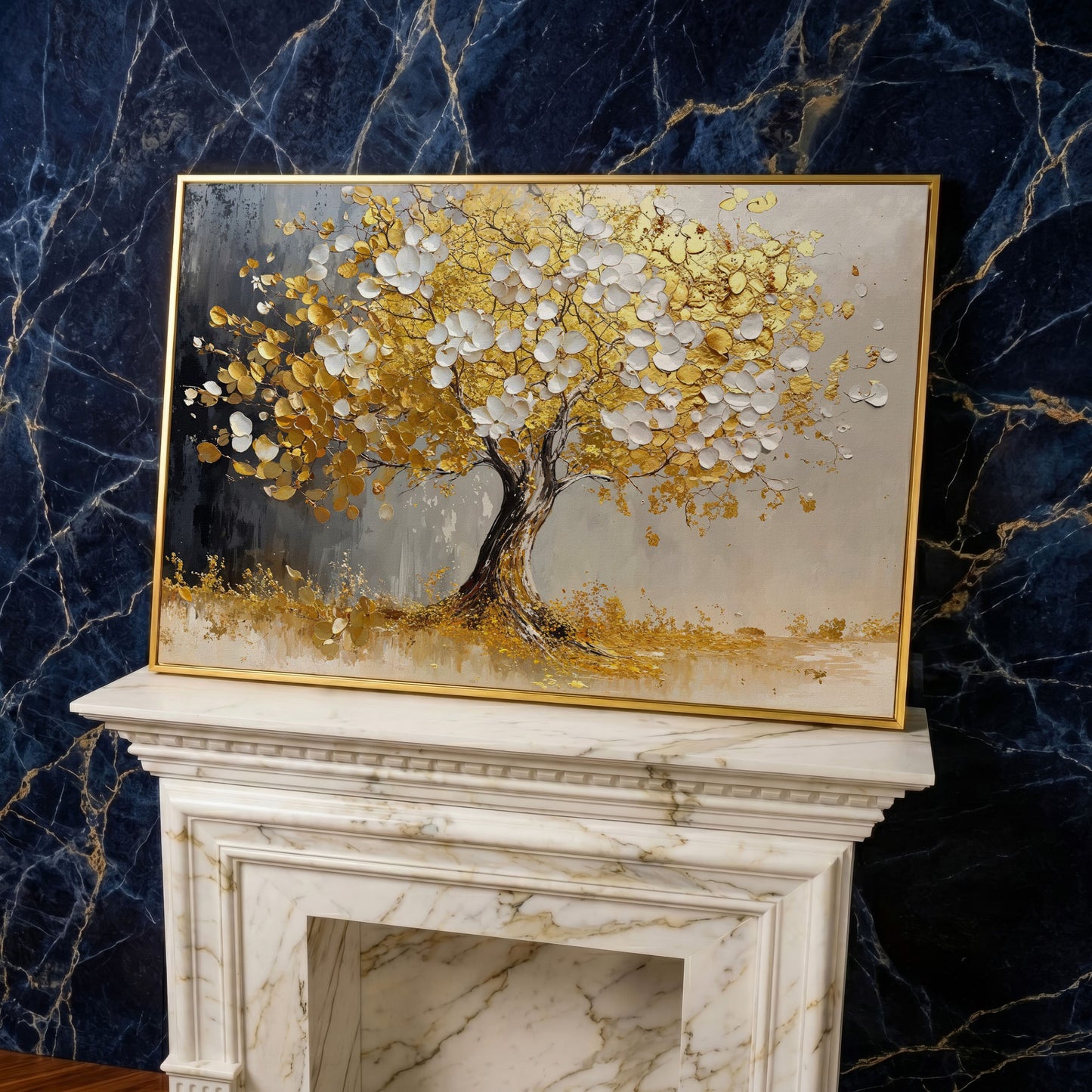 Gold and White Leaf Tree Canvas in yellow gold floating frame