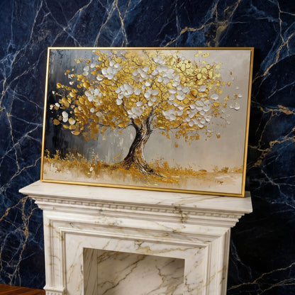 Gold and White Leaf Tree Canvas in yellow gold floating frame