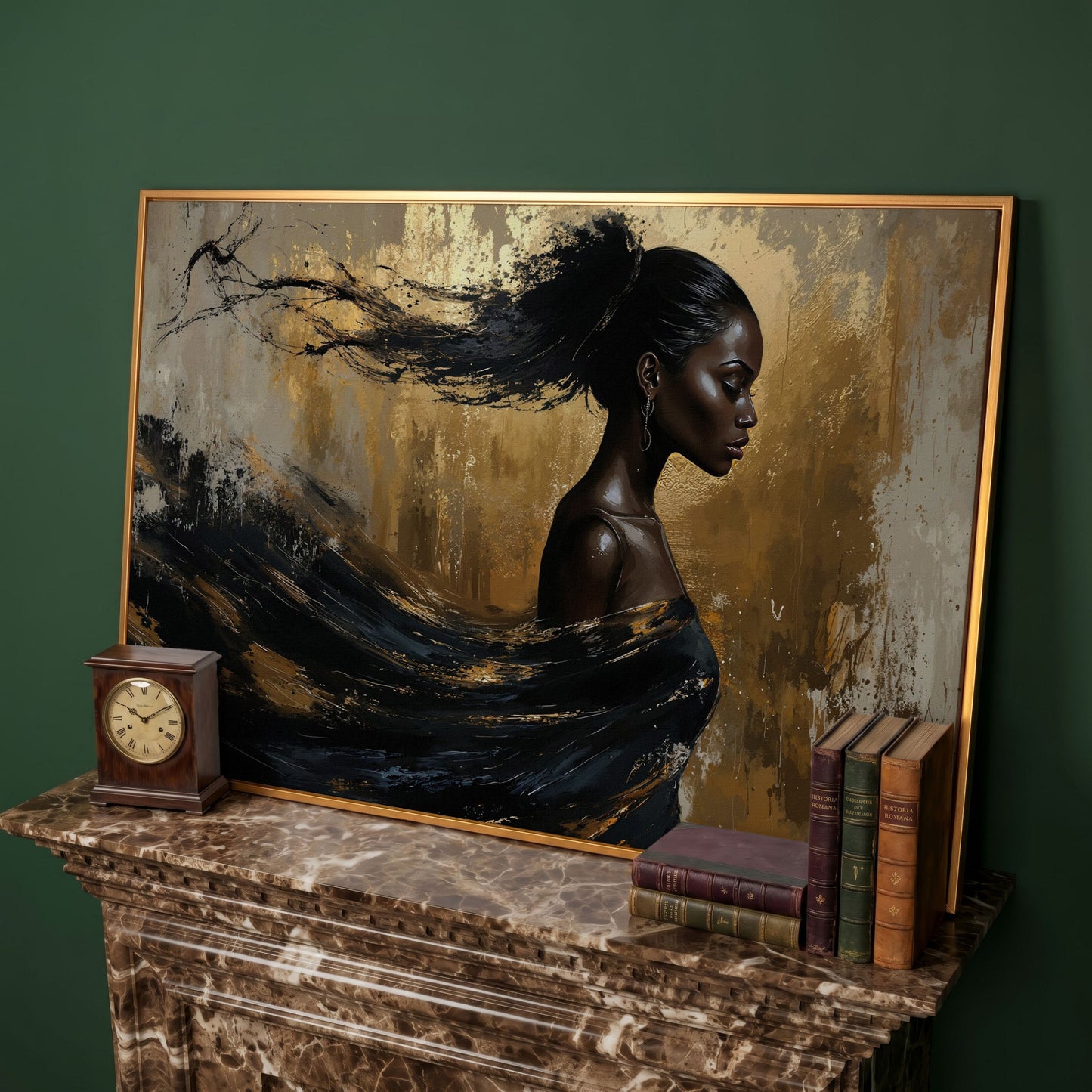 Sophisticated Woman Portrait Canvas Print in Ebony & Gold in antique gold floating frame