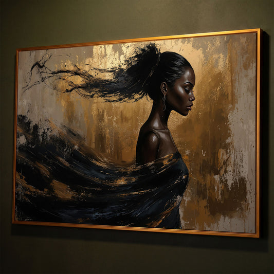 Sophisticated Woman Portrait Canvas Print in Ebony & Gold shown in antique gold floating frame