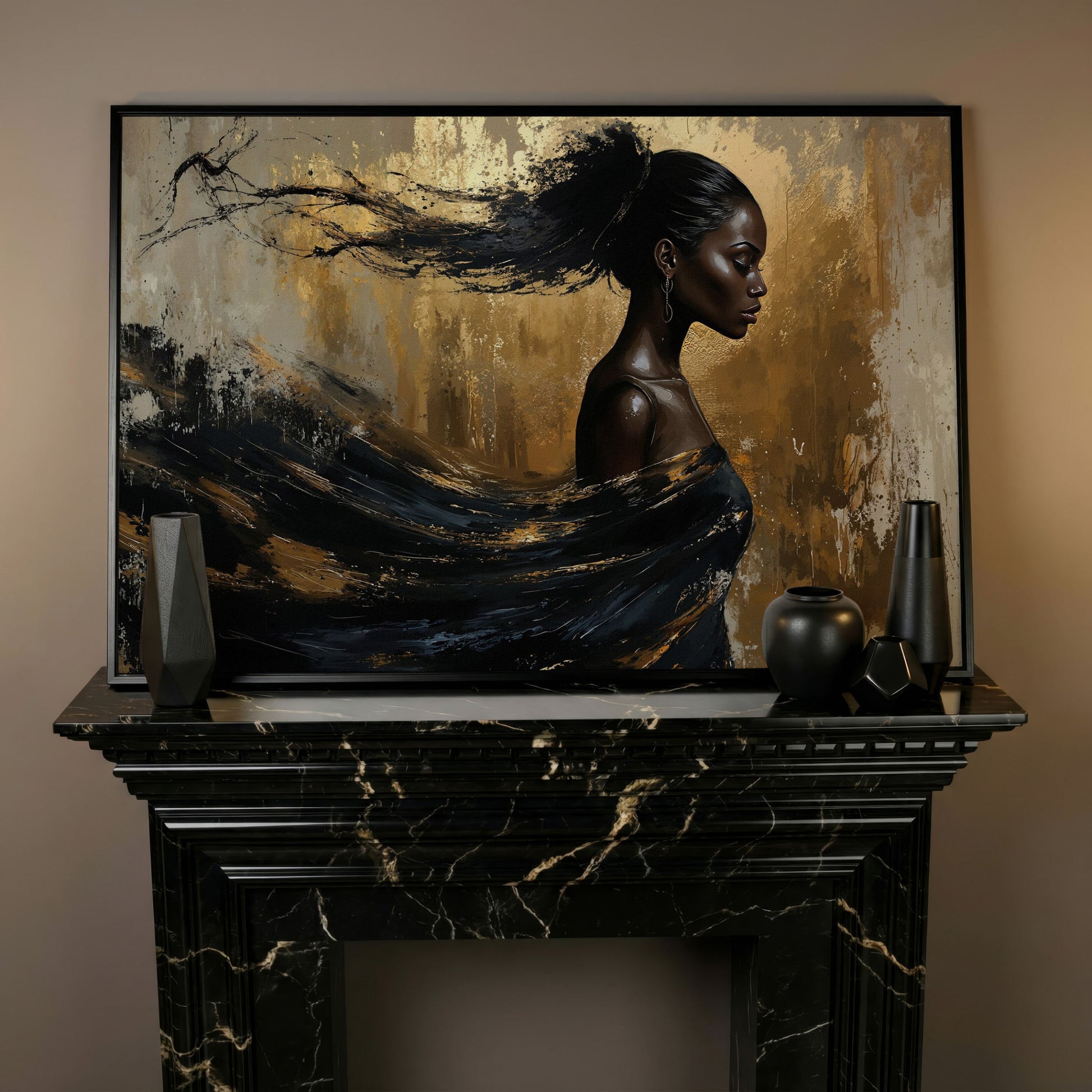 Sophisticated Woman Portrait Canvas Print in Ebony & Gold in black floating frame